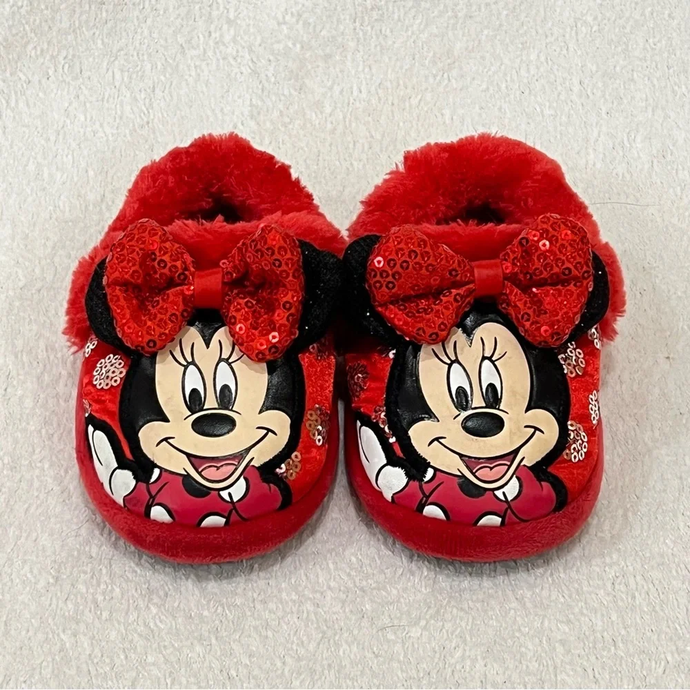 Disney Minnie Mouse Red Plush Sequin Slippers Size 5-6